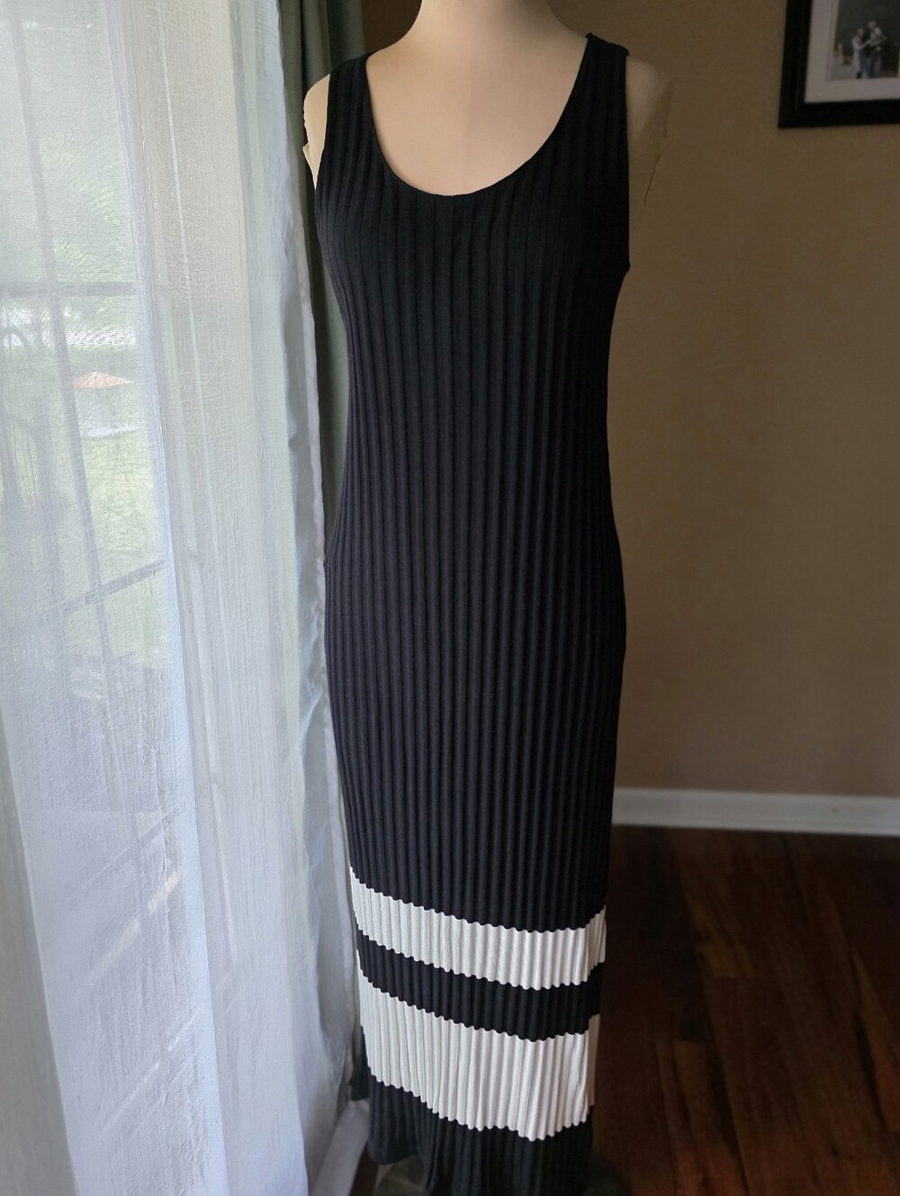 Massimo Dutti Black White Striped Ribbed Knit Side Slit Midi Dress Small S